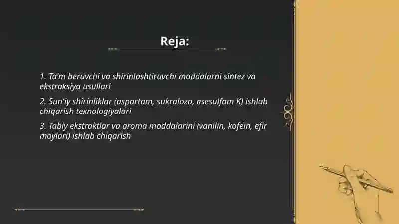 Oziqa buyoqlari tam beruvchi va shirinlashtiruvchi moddalar ishlab chiqarish twxnologiyasi 2