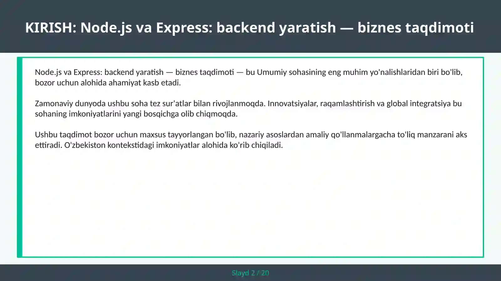 Node.js va Express: backend yaratish — biznes taqdimoti 2