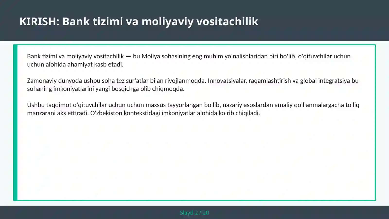 BANK TIZIMI VA MOLIYAVIY VOSITACHILIK 2
