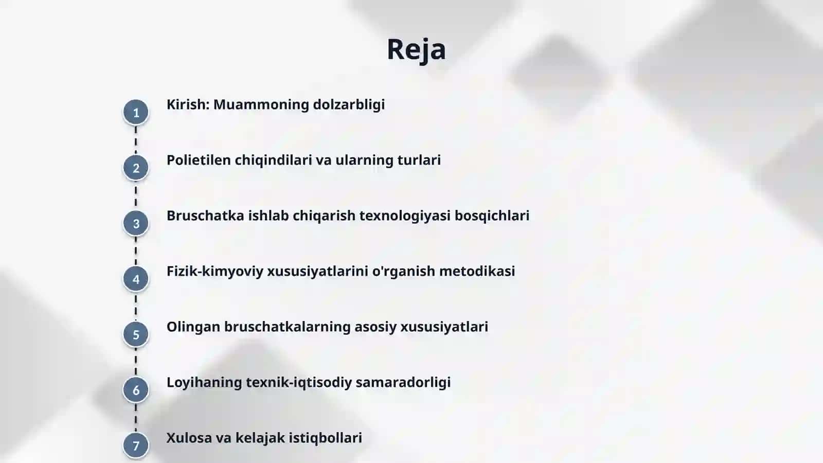 Polietilen chiqindilardan yo'lak bruschatkalari olish texnologiyasi va ularning fizik-kimyoviy xususiyatlarini o'rganish 2