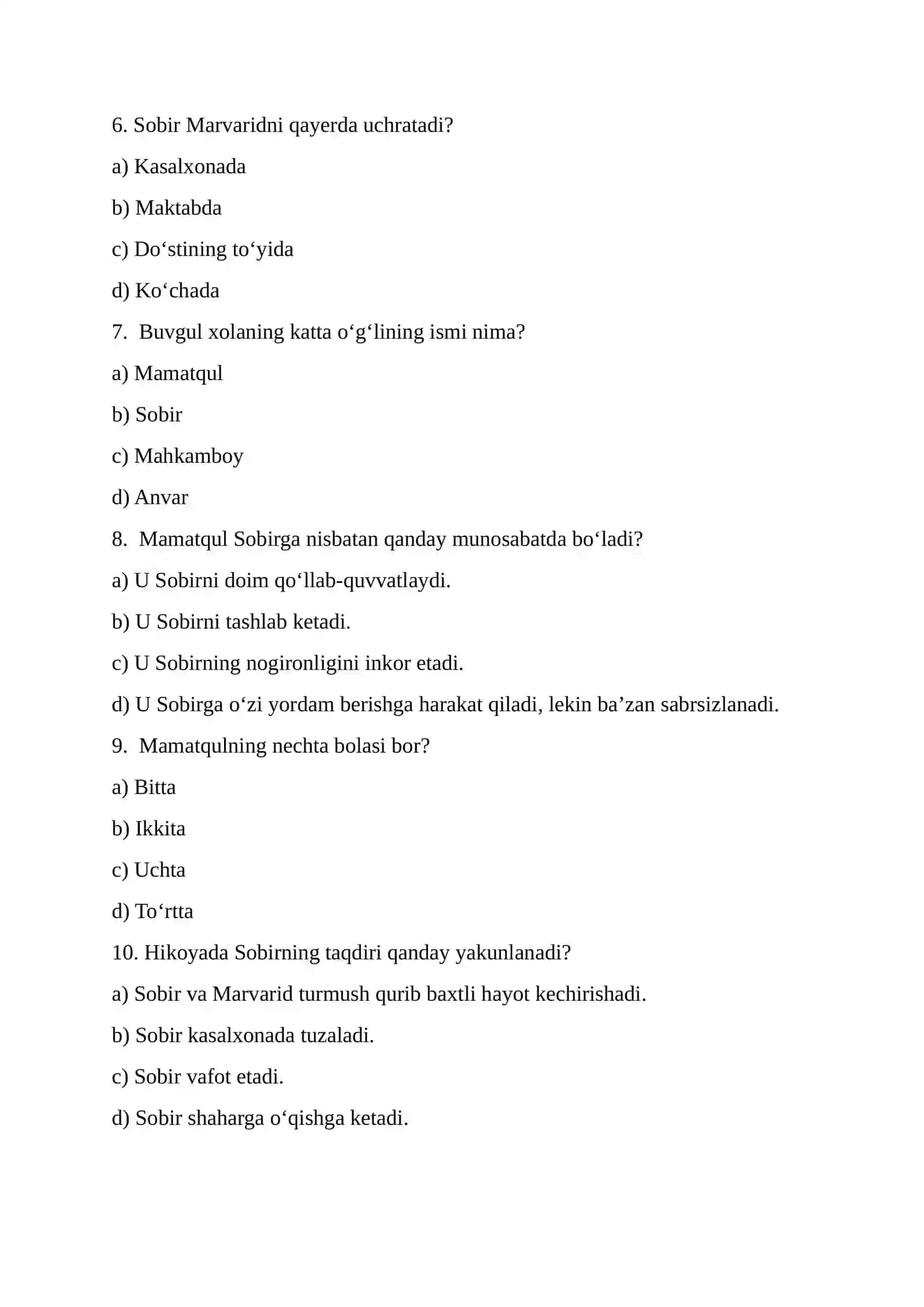 "Yozsiz yil" hikoyasi asosida test savollari 2
