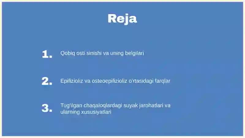 Bolalarda suyaklarni sinishining o'ziga xosligi. Qobiq osti sinishi, epifizioliz, osteoepifizioliz, apofizioliz. Tug'ilishdagi chaqaloqlardagi jarohatlar. 2