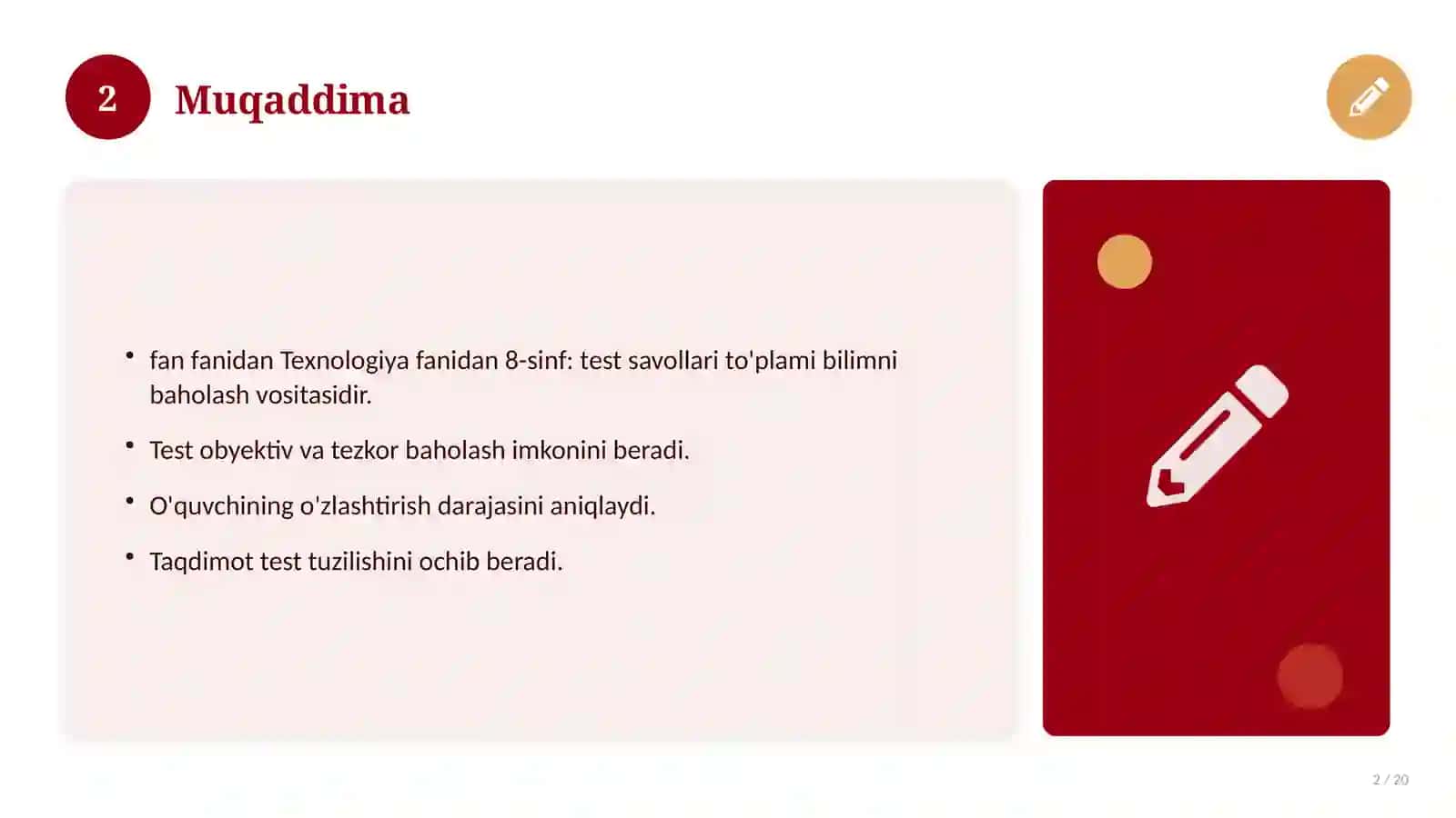 Texnologiya fanidan 8-sinf: test savollari to'plami 2