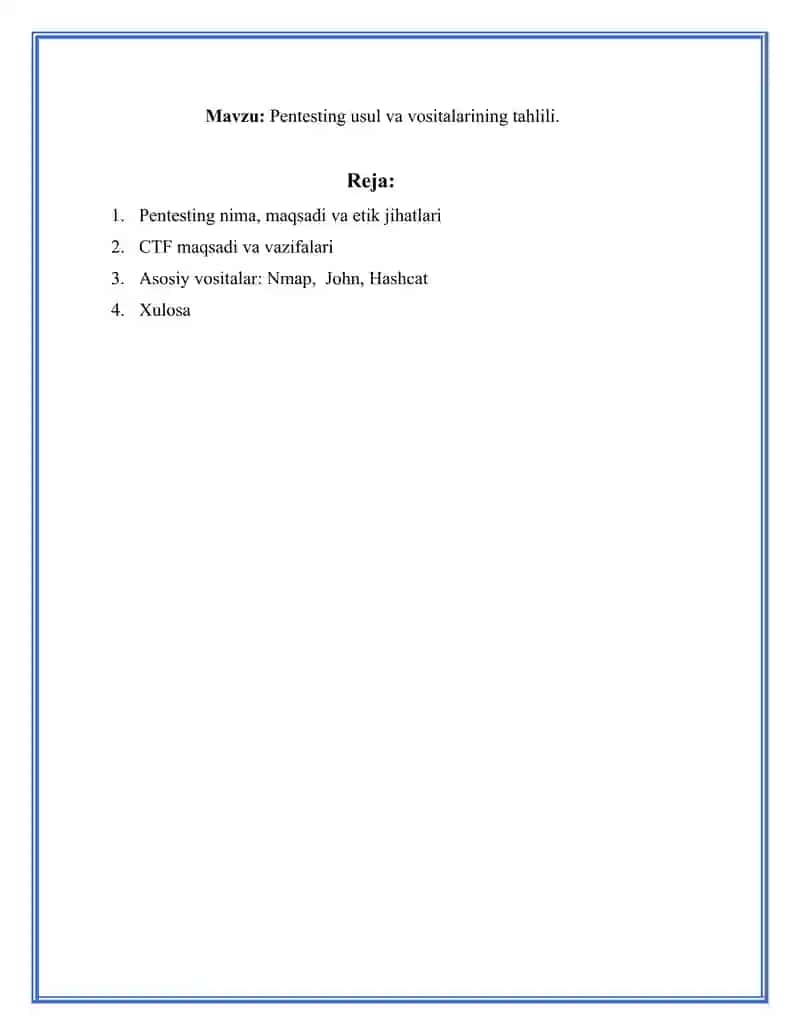 Pentesting usul va vositalarining tahlili. 2