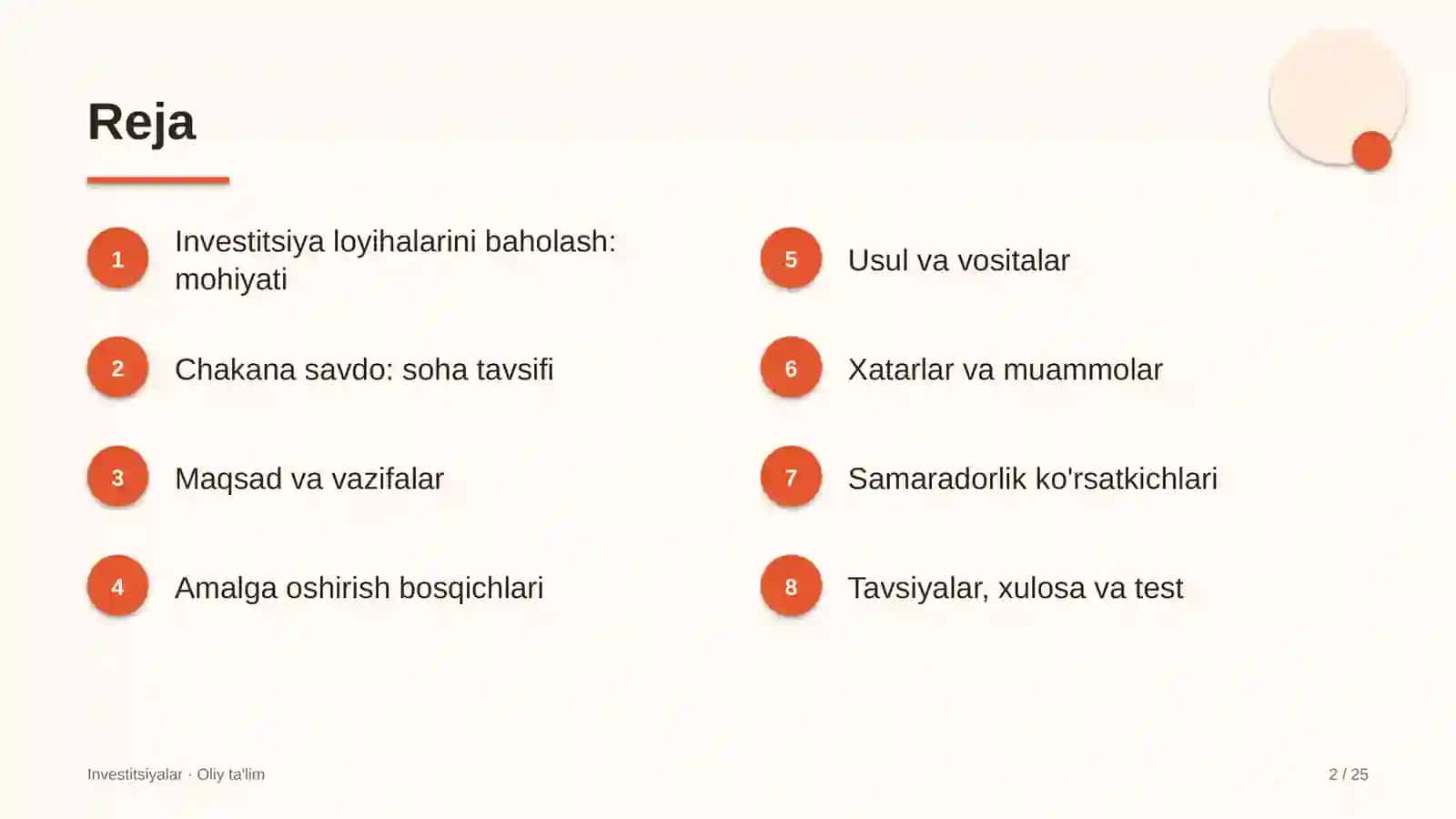 Chakana savdoda investitsiya loyihalarini baholash 2