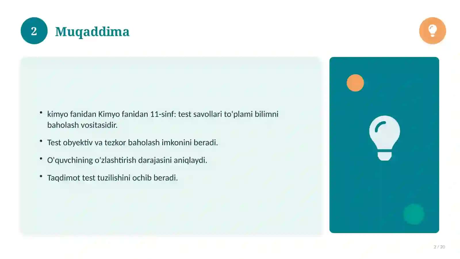 Kimyo fanidan 11-sinf: test savollari to'plami 2