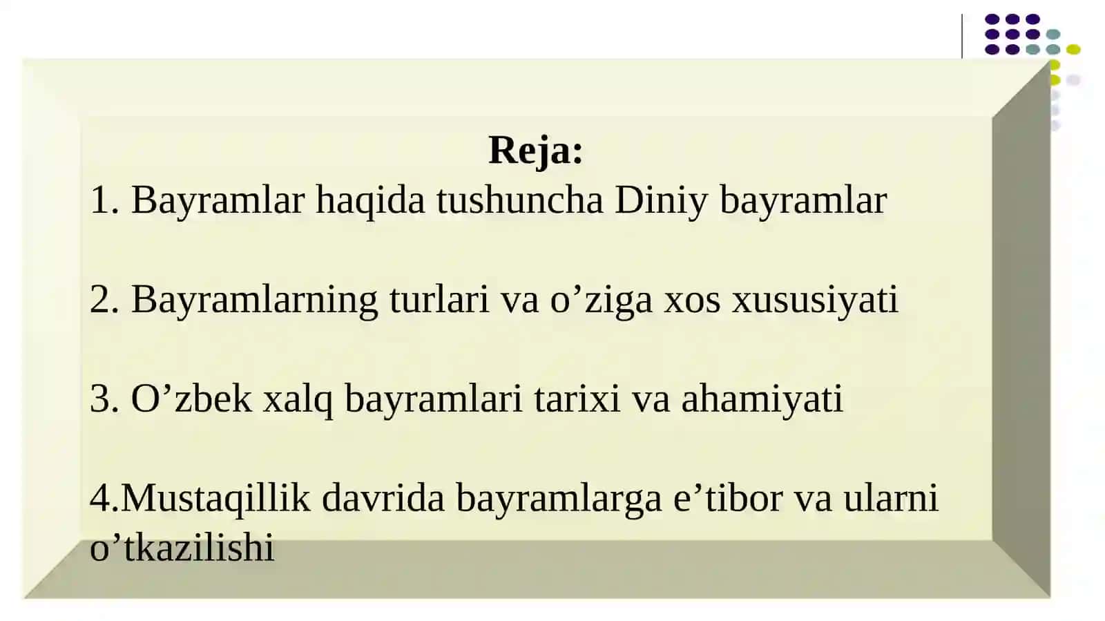 Mavsumiy va diniy bayramlar 2