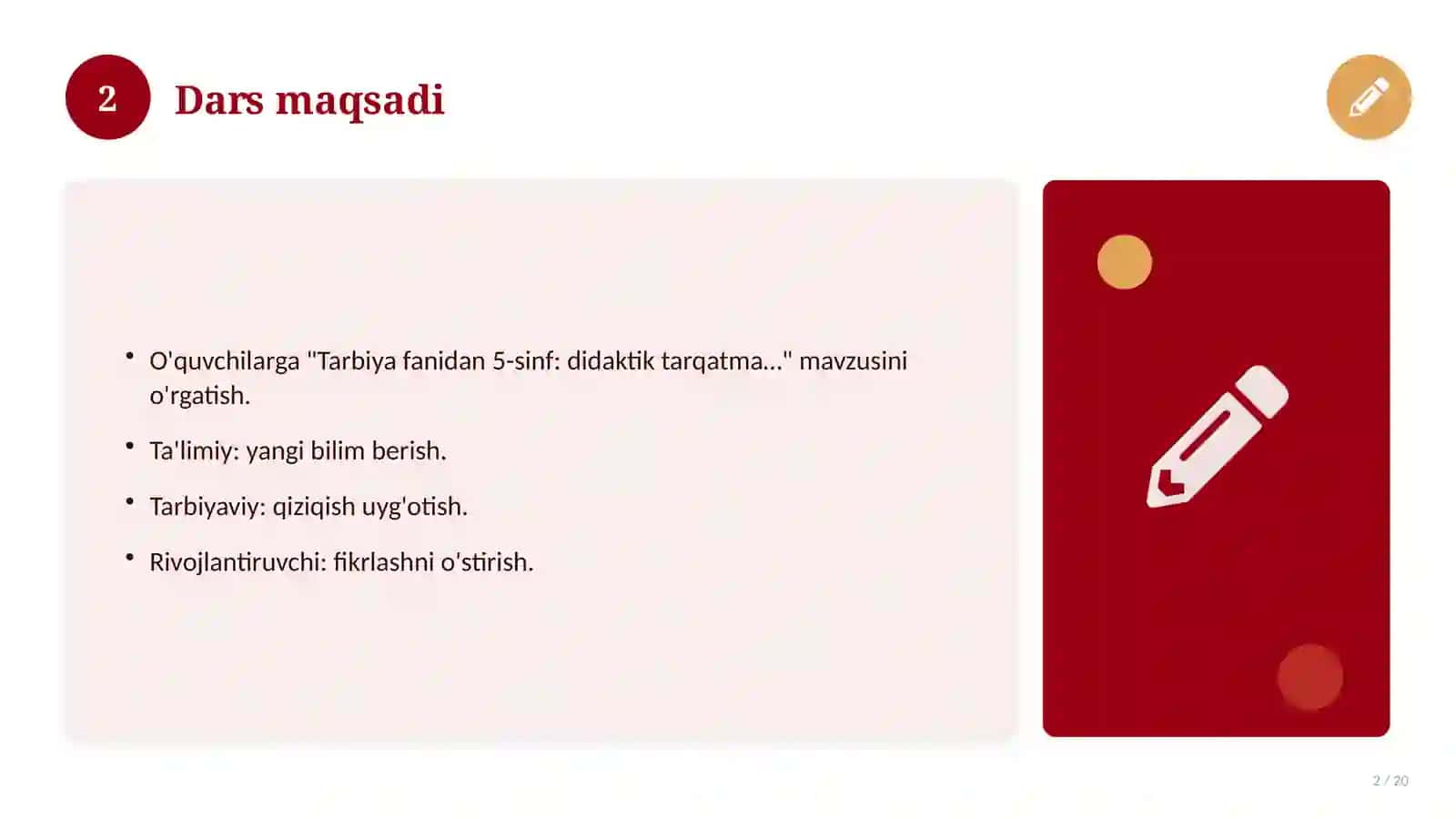 Tarbiya fanidan 5-sinf: didaktik tarqatma materiallar 2
