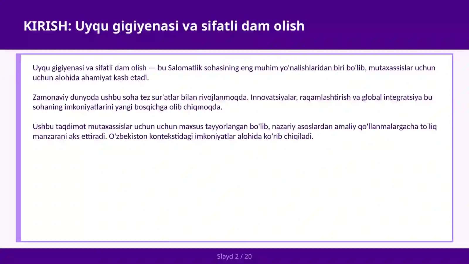 Uyqu gigiyenasi va sifatli dam olish 2