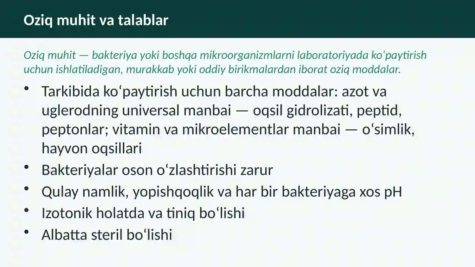 Oziq muhit va talablar 2