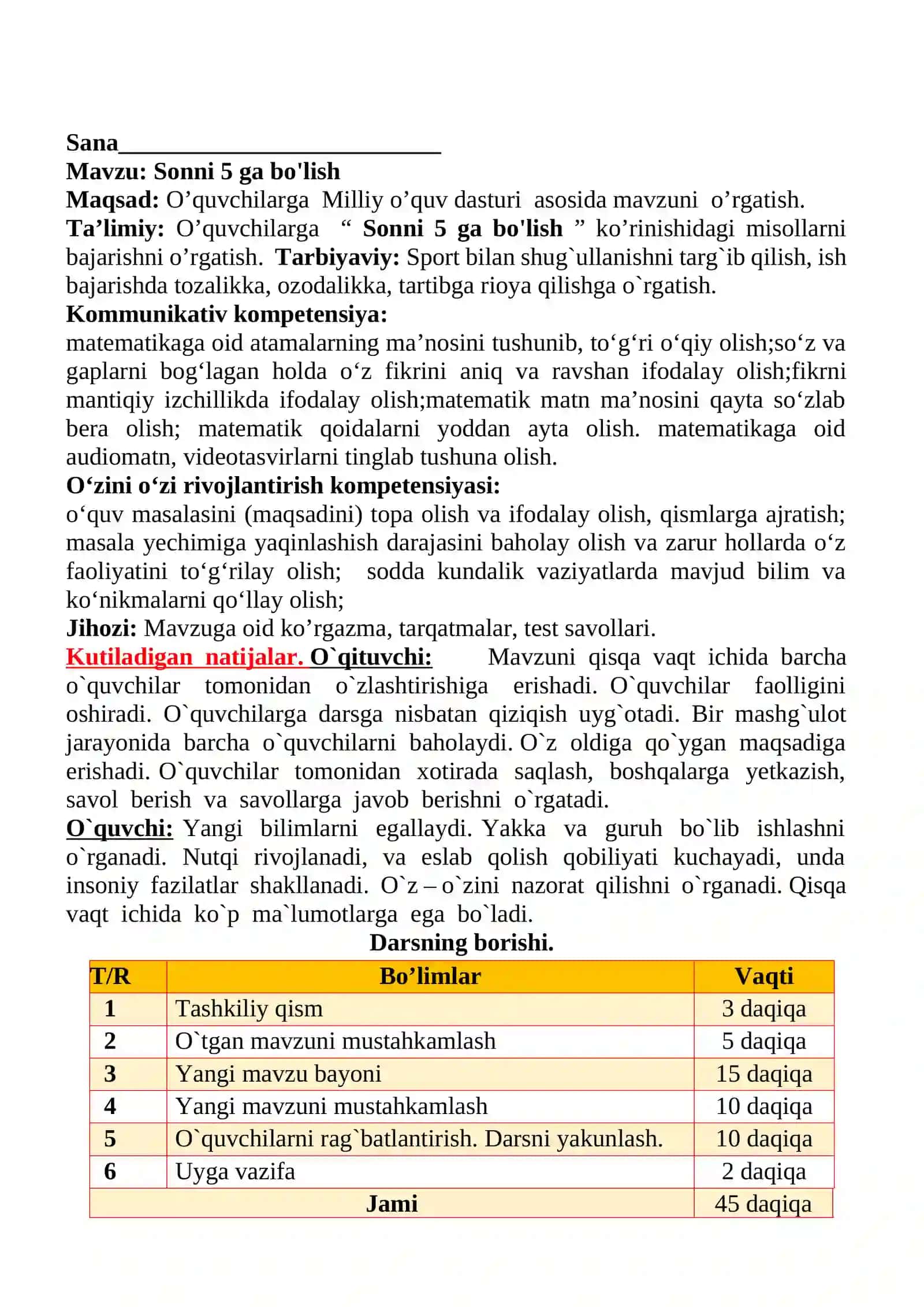 Sonni 5 ga bo'lish mavzusida 2-sinf matematika fanidan dars ishlanmasi 2