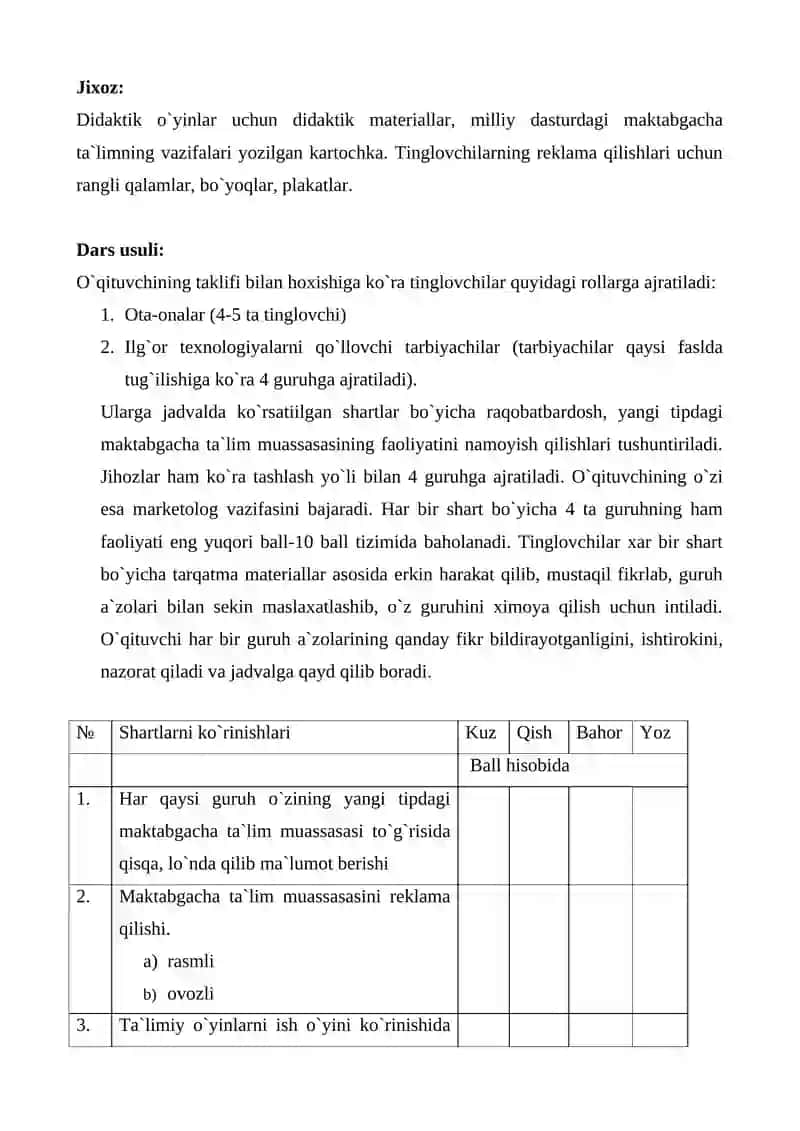 MAKTABGACHA TA'LIMDA TARBIYA BERISH USULLARI VA VOSITALARI 2