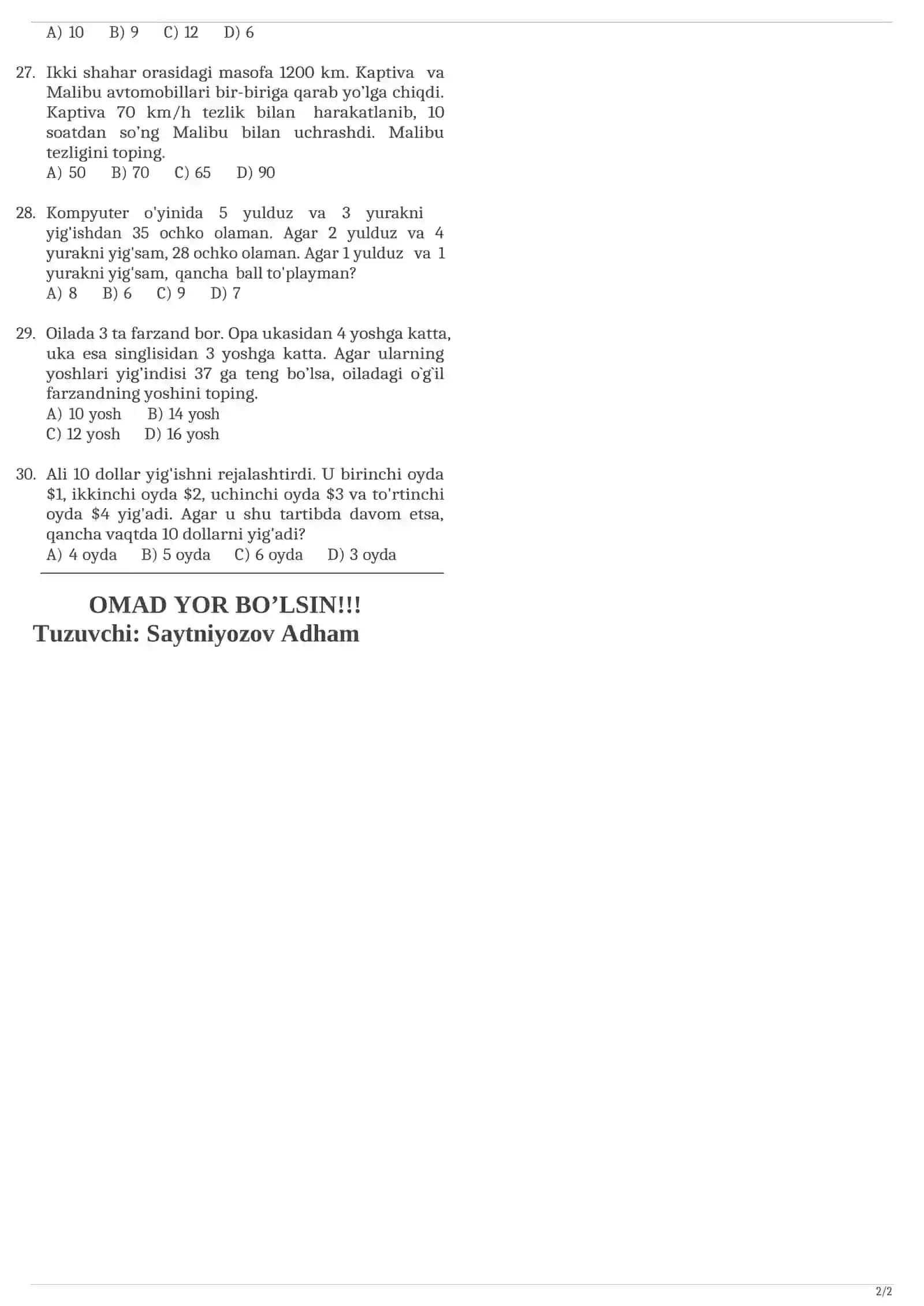 matematika 3-sinf test 2