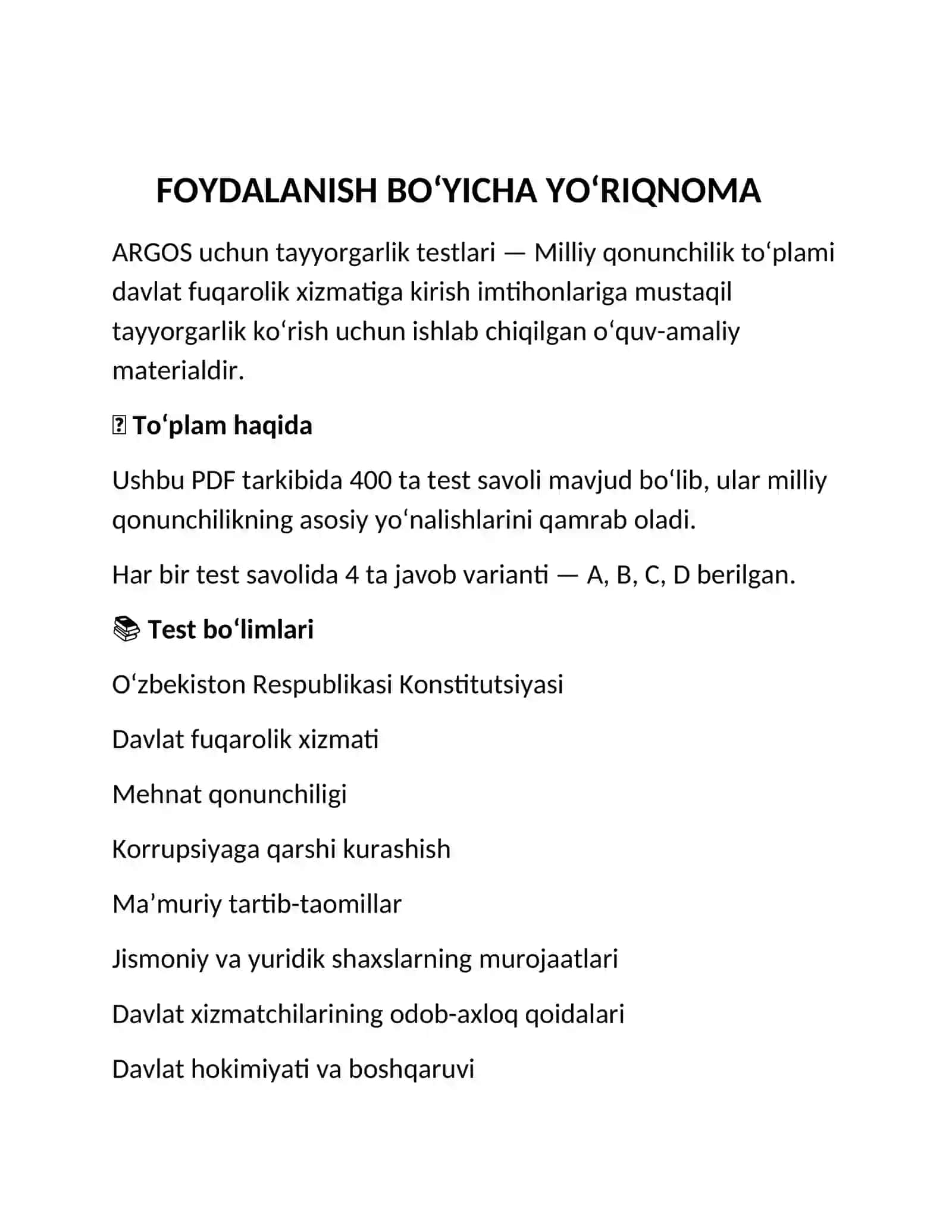 ARGOS 2026 | Milliy qonunchilik bo‘yicha 400 ta test + javoblar 2