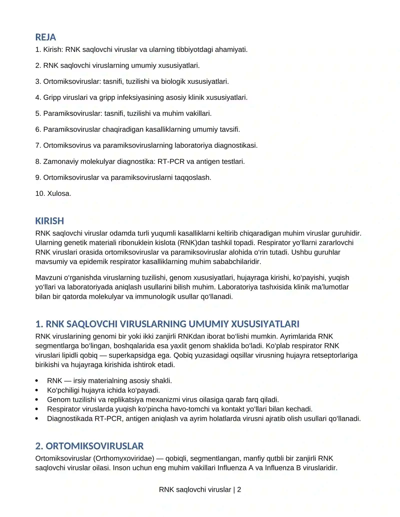 RNK saqlovchi viruslar: Ortomiksoviruslar va Paramiksoviruslar 2