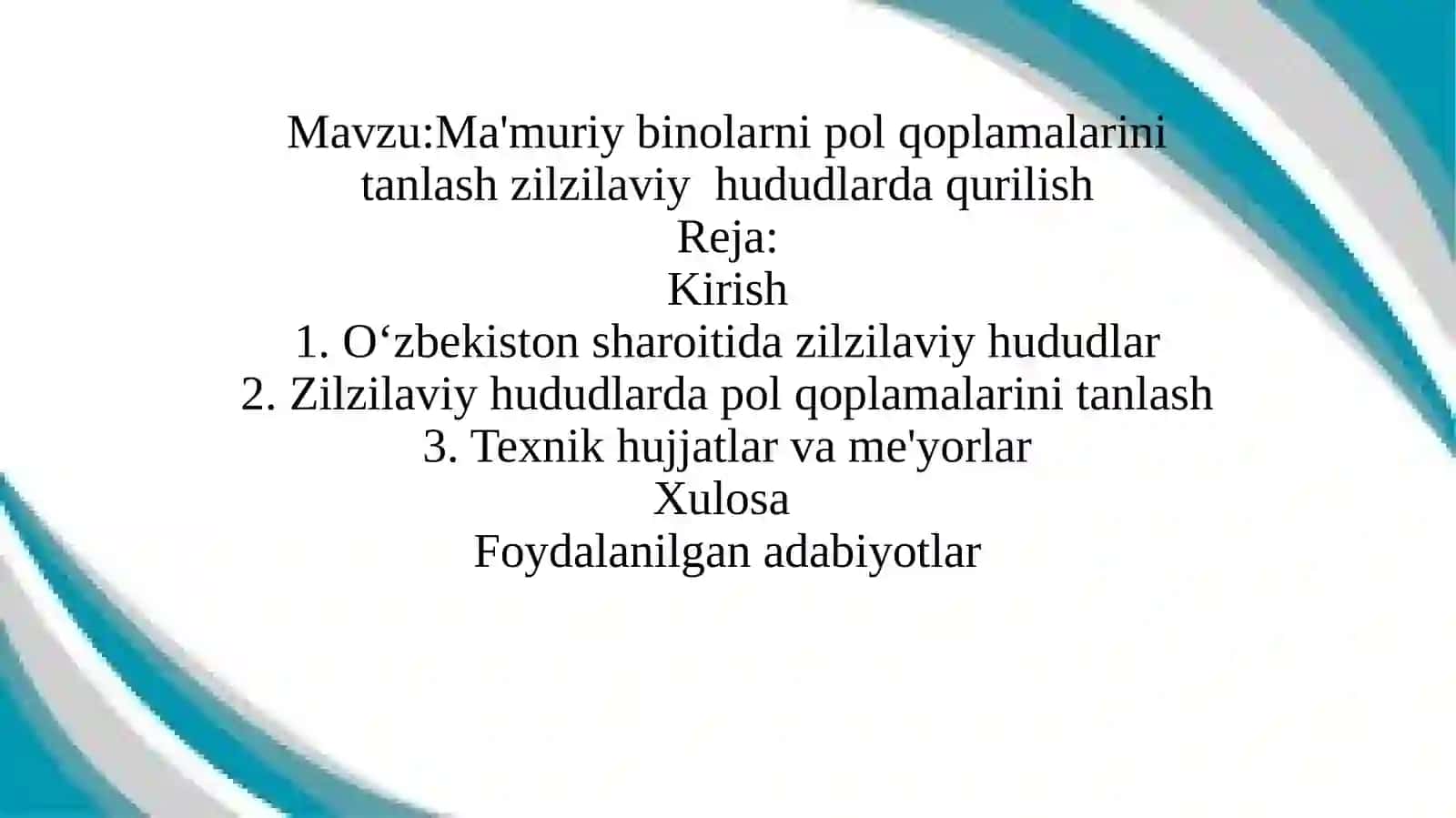 Ma'muriy binolarni pol qoplamalarini tanlash zilzilaviy hududlarda qurilish 2