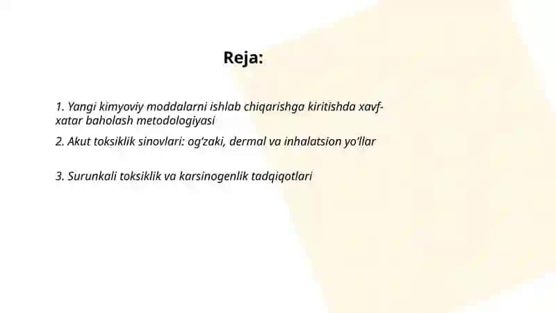 Ishlab chiqarishda yangi kimyoviy moddalarni amaliyotga tadbiq qilinishida toksikologik tadqiqotlarni o'tkazish 2
