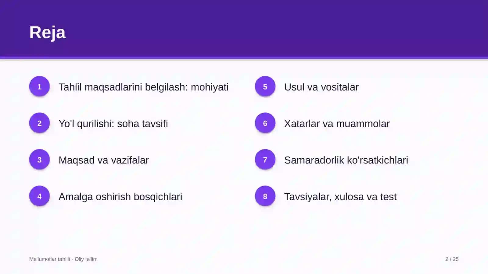 Yo'l qurilishida tahlil maqsadlarini belgilash 2