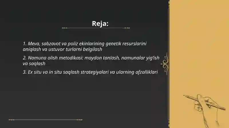 Meva sabzavot va poliz ekinlari genafondi fanini ishlab chiqariahning ilmiy tarmog’i sifatida o’zlashtirish genetik resurslarni tuplash 2