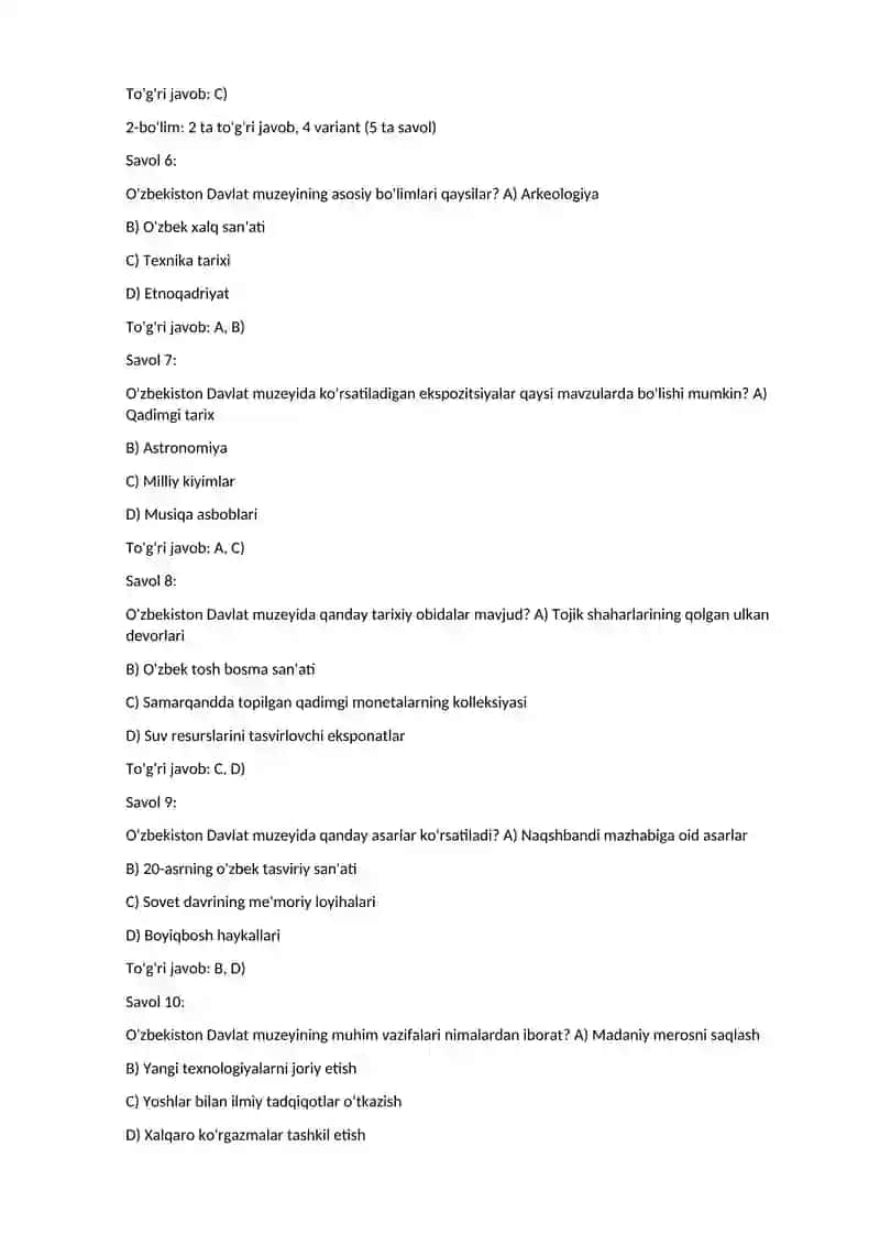 O'zbekiston Davlat Muzeyi test savollari 2