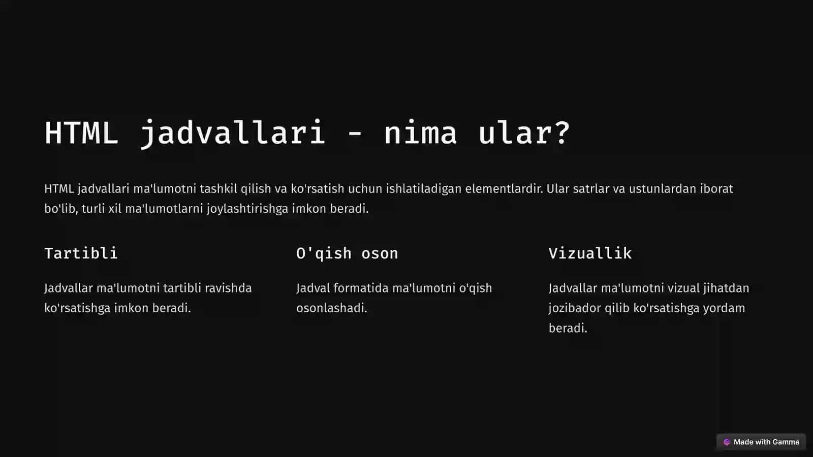 HTML jadvallari va ro'yxatlari 2