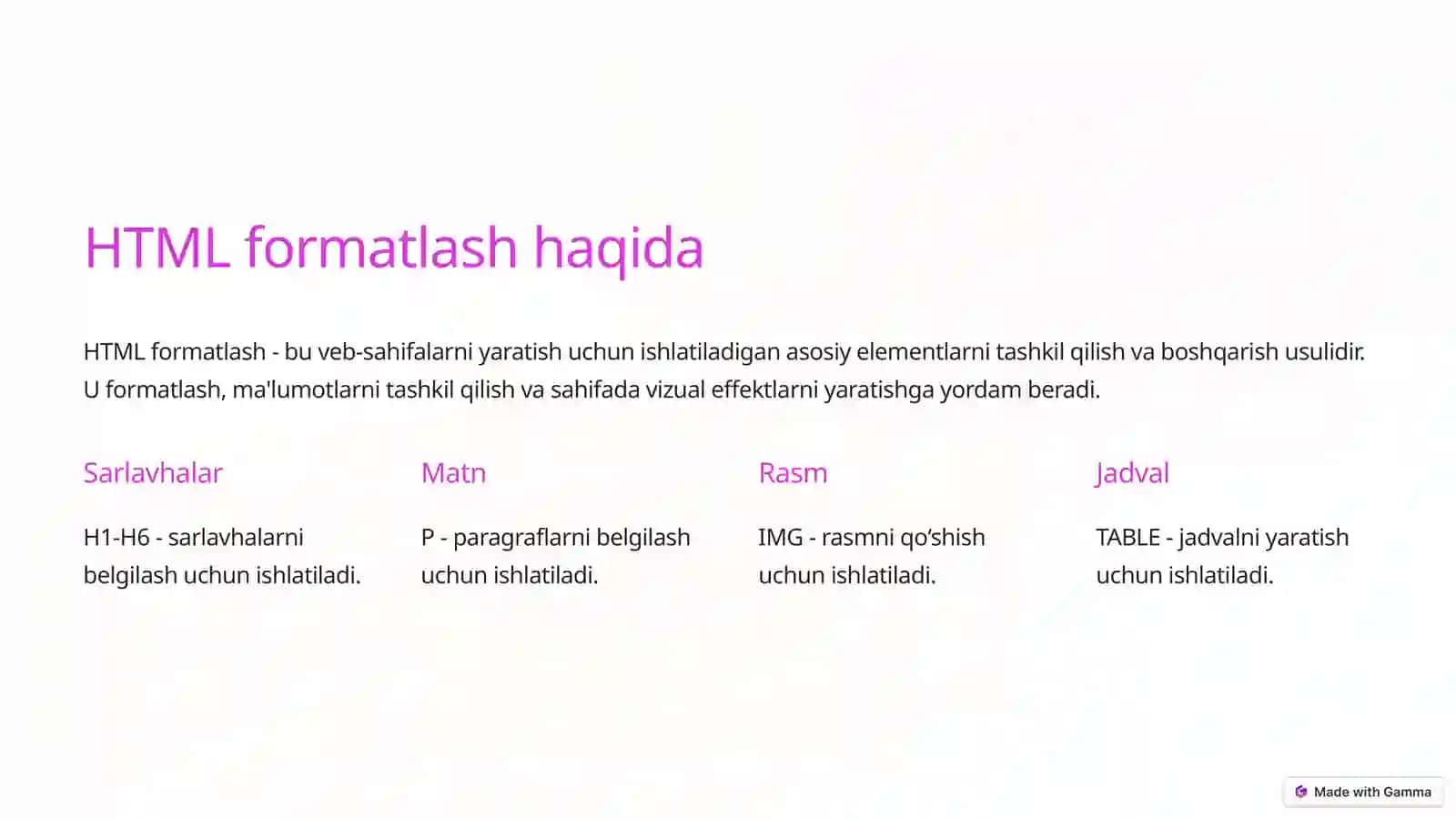 HTML formatlash: Shakl va Funktsiyalar 2