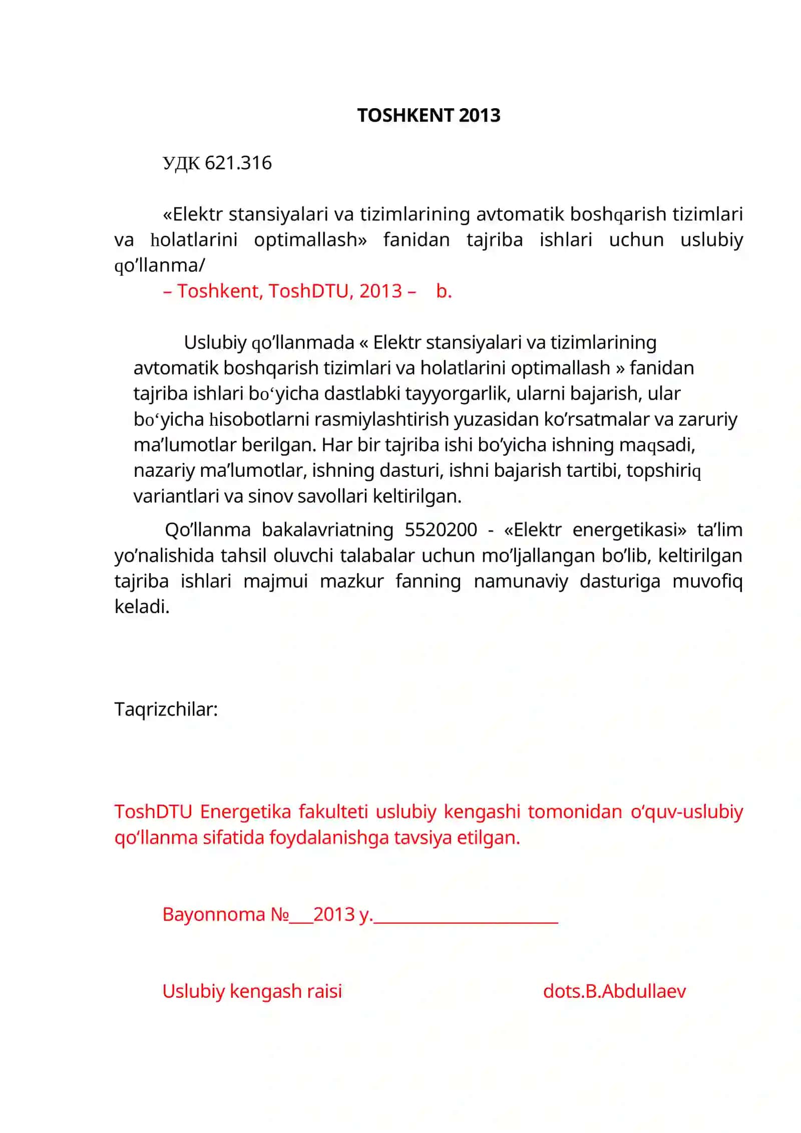 «ELEKTR STANSIYALARI VA TIZIMLARINING AVTOMATIK BOSHQARISH TIZIMLARI VA HOLATLARINI OPTIMALLASH» fanidan tajriba ishlari uchun USLUBIY QO’LLANMA 2
