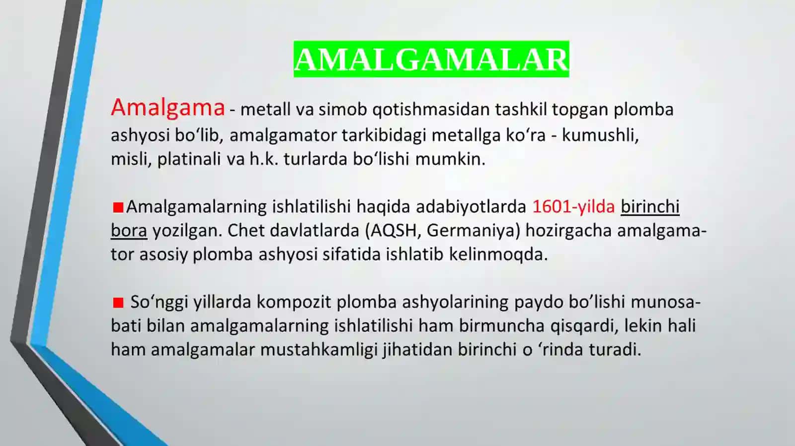 Plombalar.Amalgamalar. Turlari,xususiyatlari 2