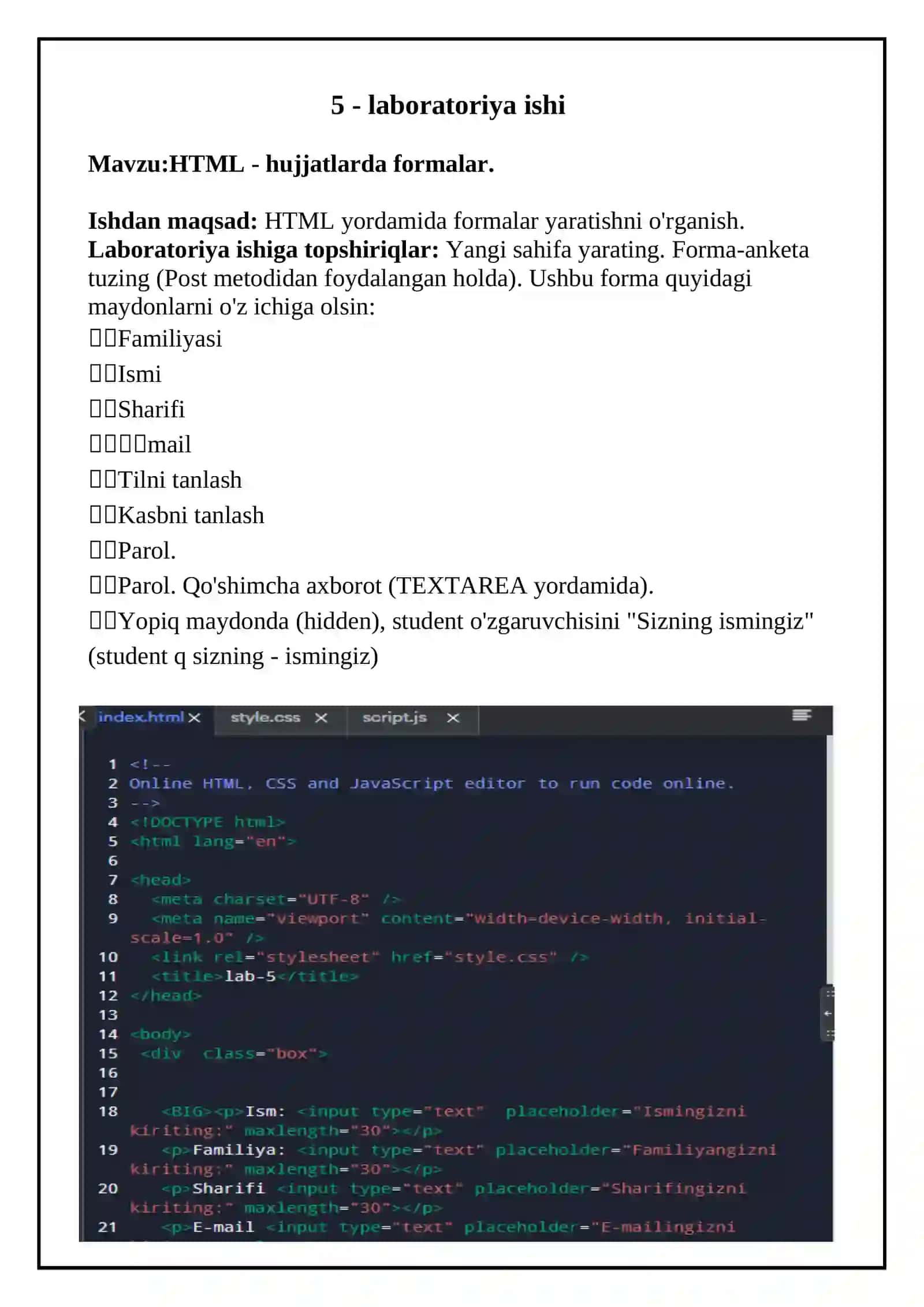 HTML - hujjatlarda formalar 2