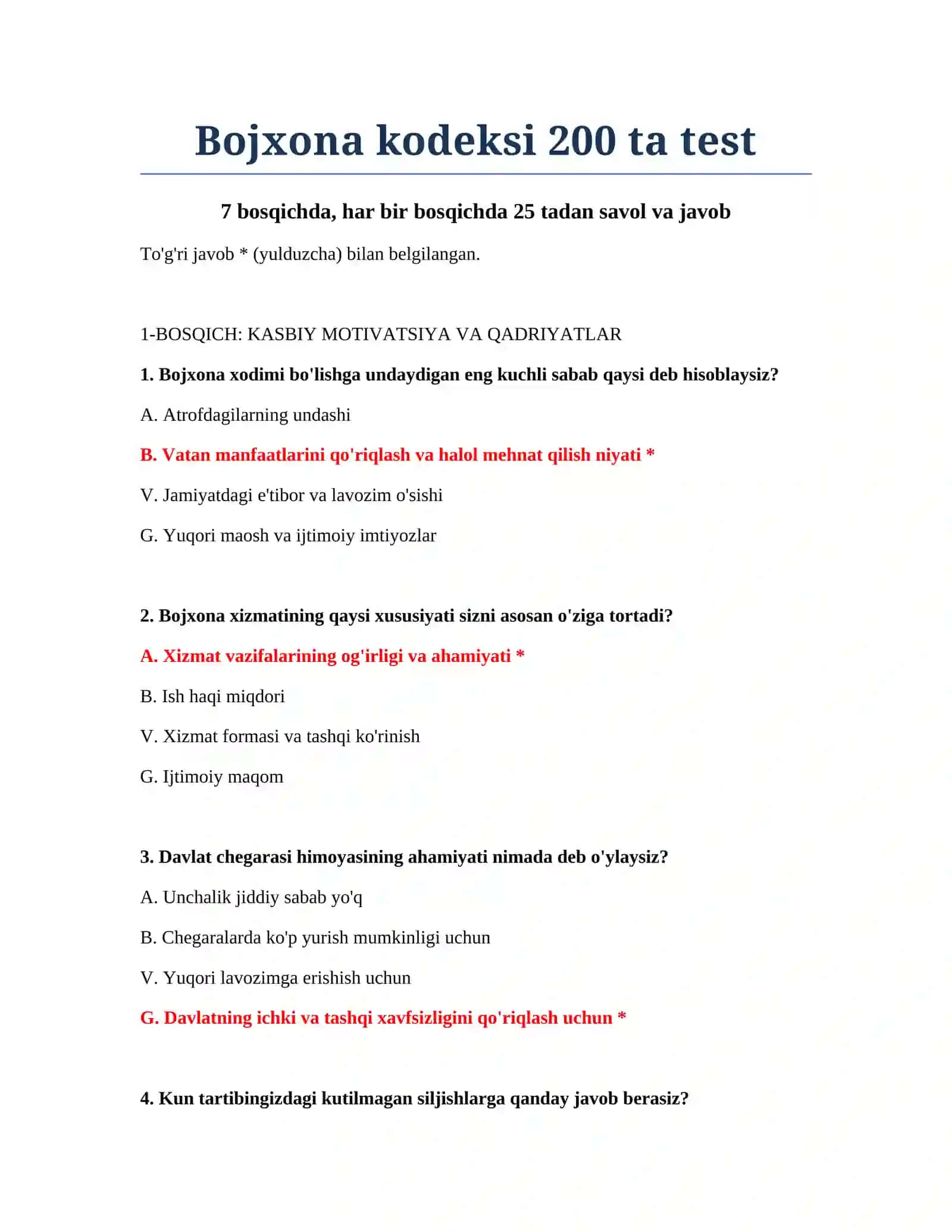 Bojxona kodeksi 200 ta test 2
