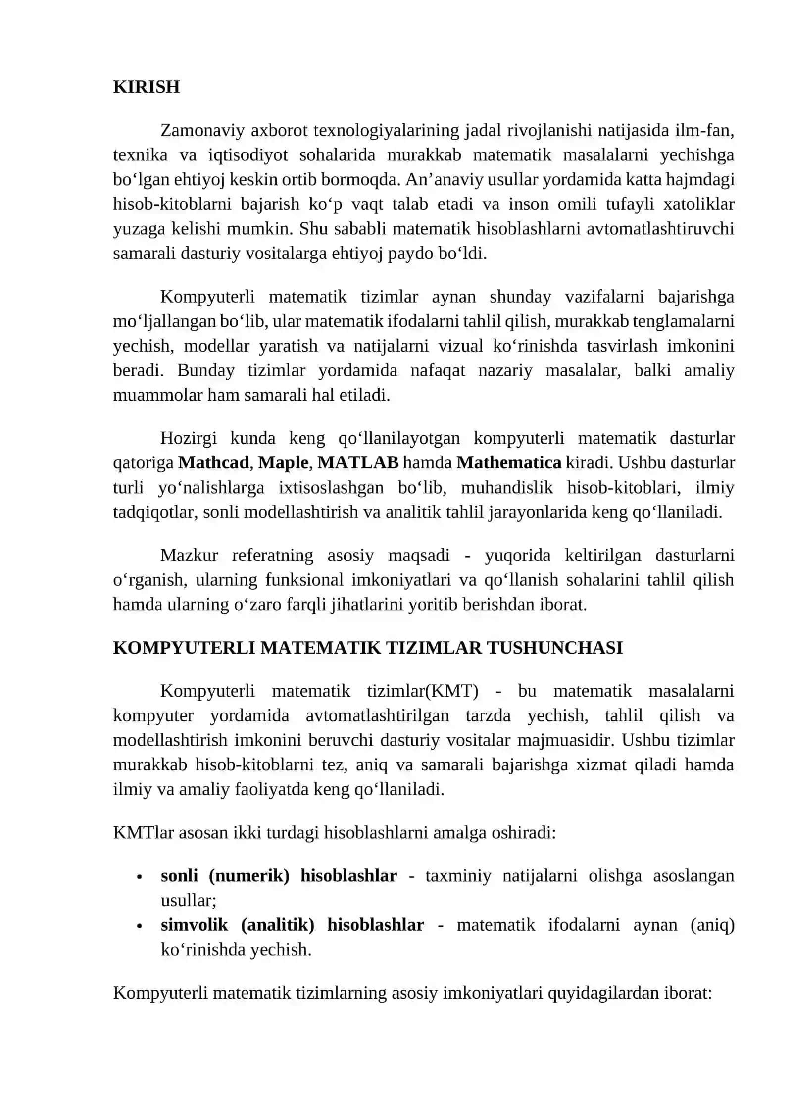 MathCAD, Maple, MatLab va Mathematica dasturlarining qo‘llanish sohalari. 2