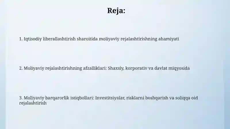 Iqtisodiy liberallashtirish sharoitida moliyaviy rejalash tirishning ahamiyati 2