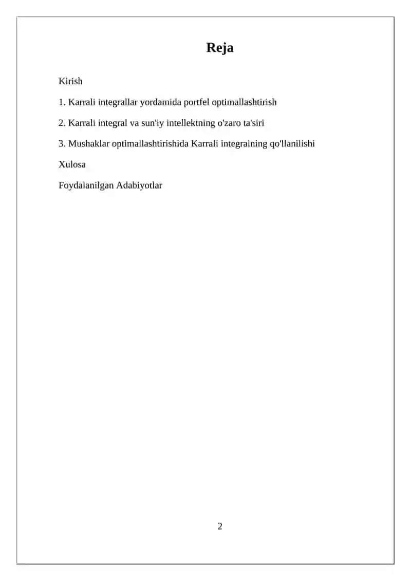 MAVZU: KARRALI INTEGRALNING OPTIMALLASHTIRISH MASALALARIDAGI TATBIQLARI 2