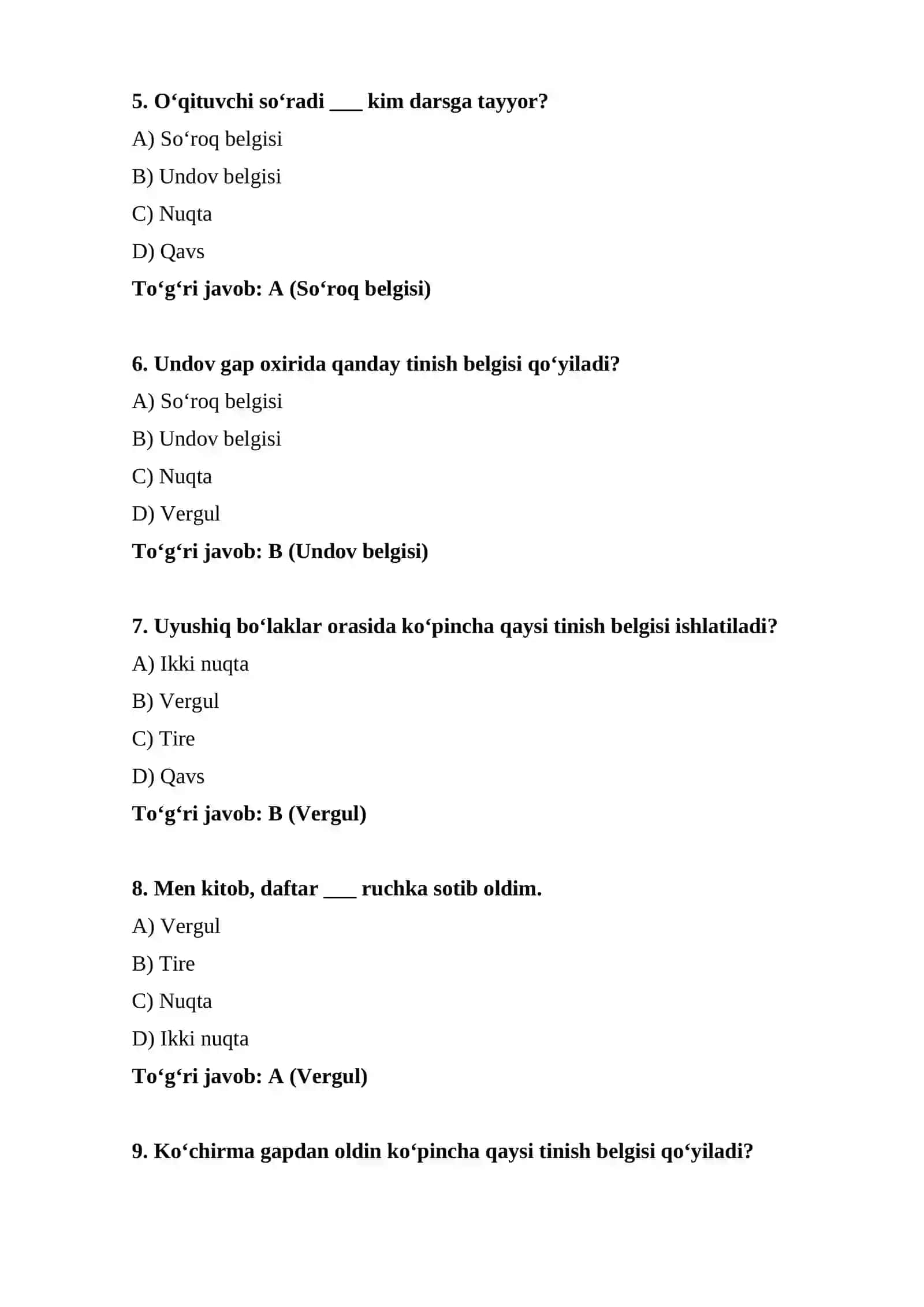 Punktuatsiyaga oid test topshiriqlari 2