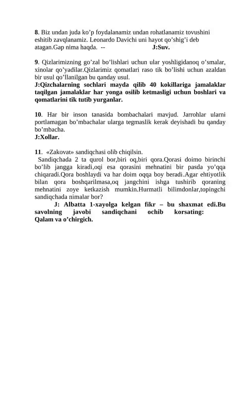 "Zakovat" tadbiri Savollari jamlanmasi 2