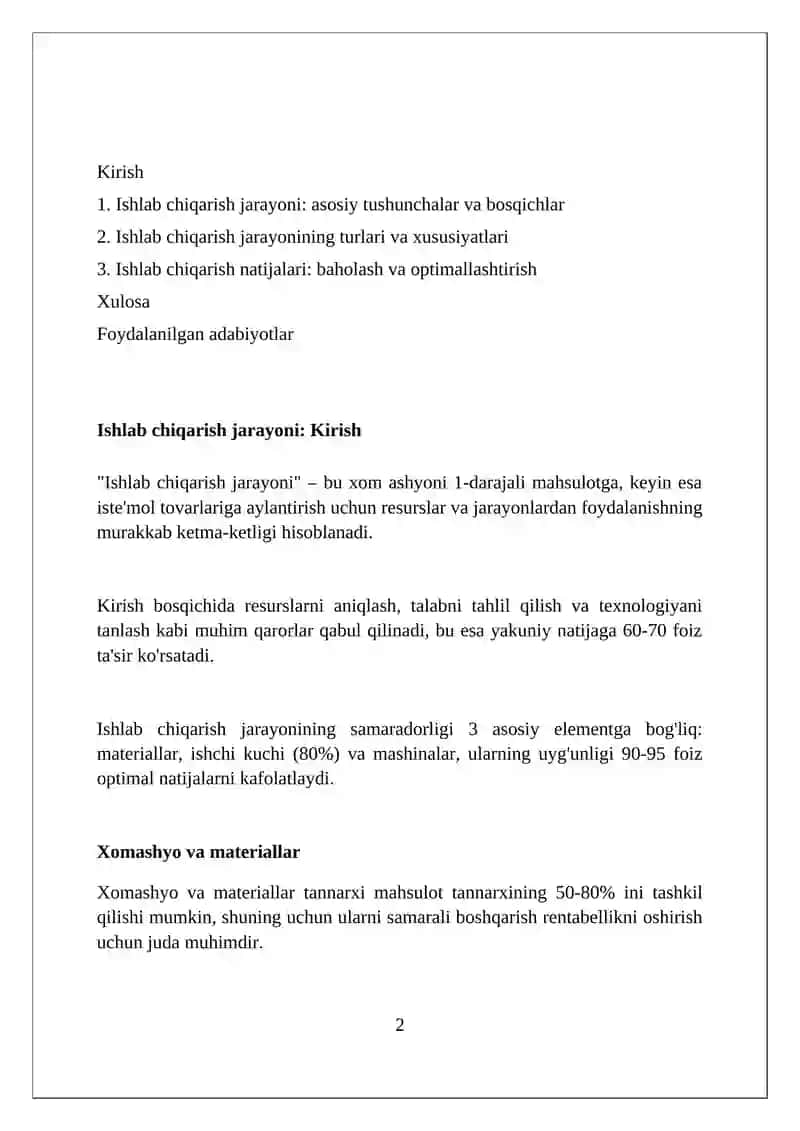 Ishlab chiqarish jarayoni va uning natijalari 2