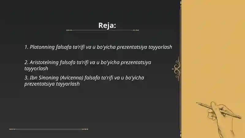 Falsafaning sharhiga oid Sharq va G'arb mutafakkirlari ta'riflarini va ular bo'yicha prezentatsiya tayyorlash 2