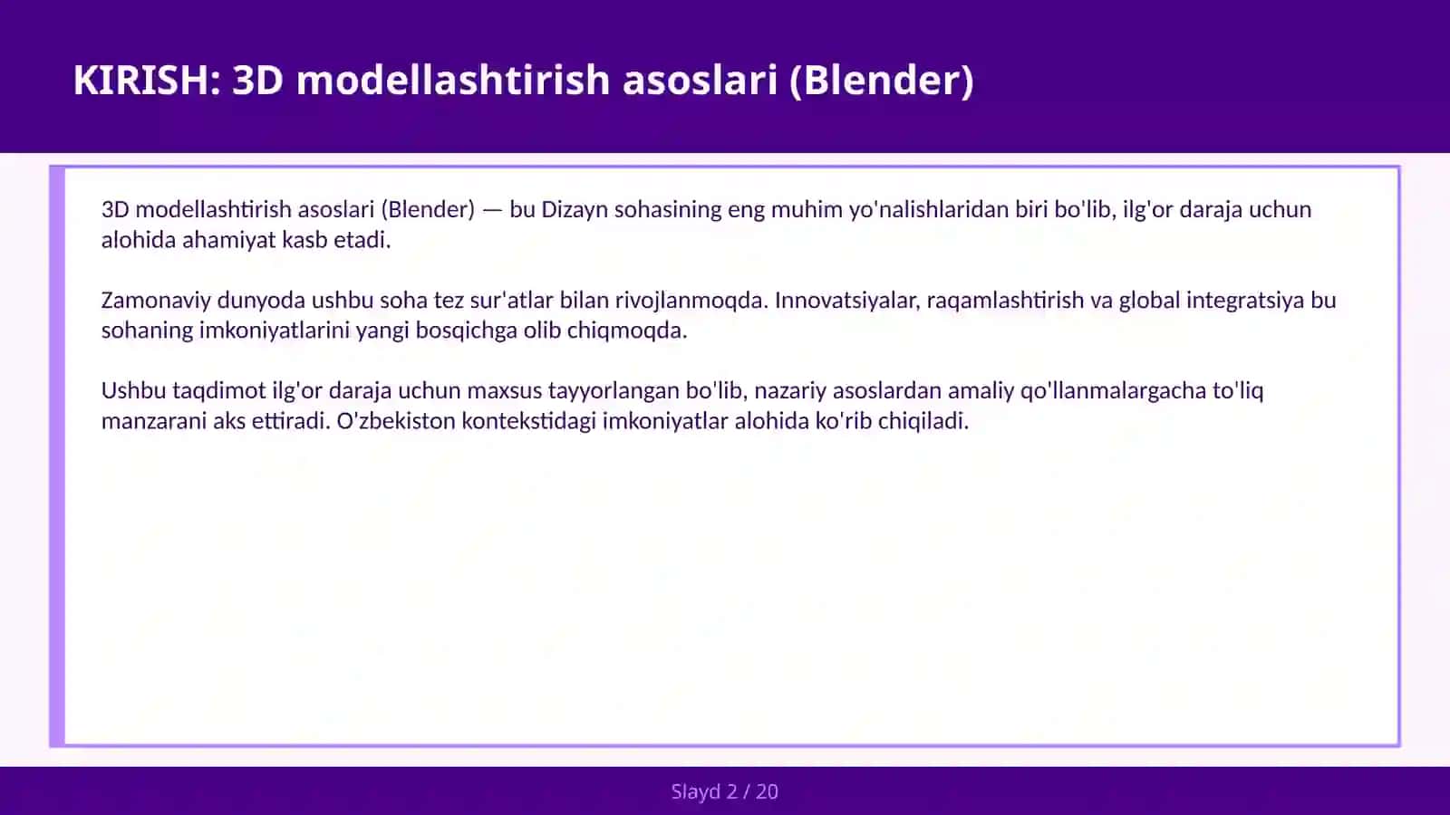 3D MODELLASHTIRISH ASOSLARI (BLENDER) 2