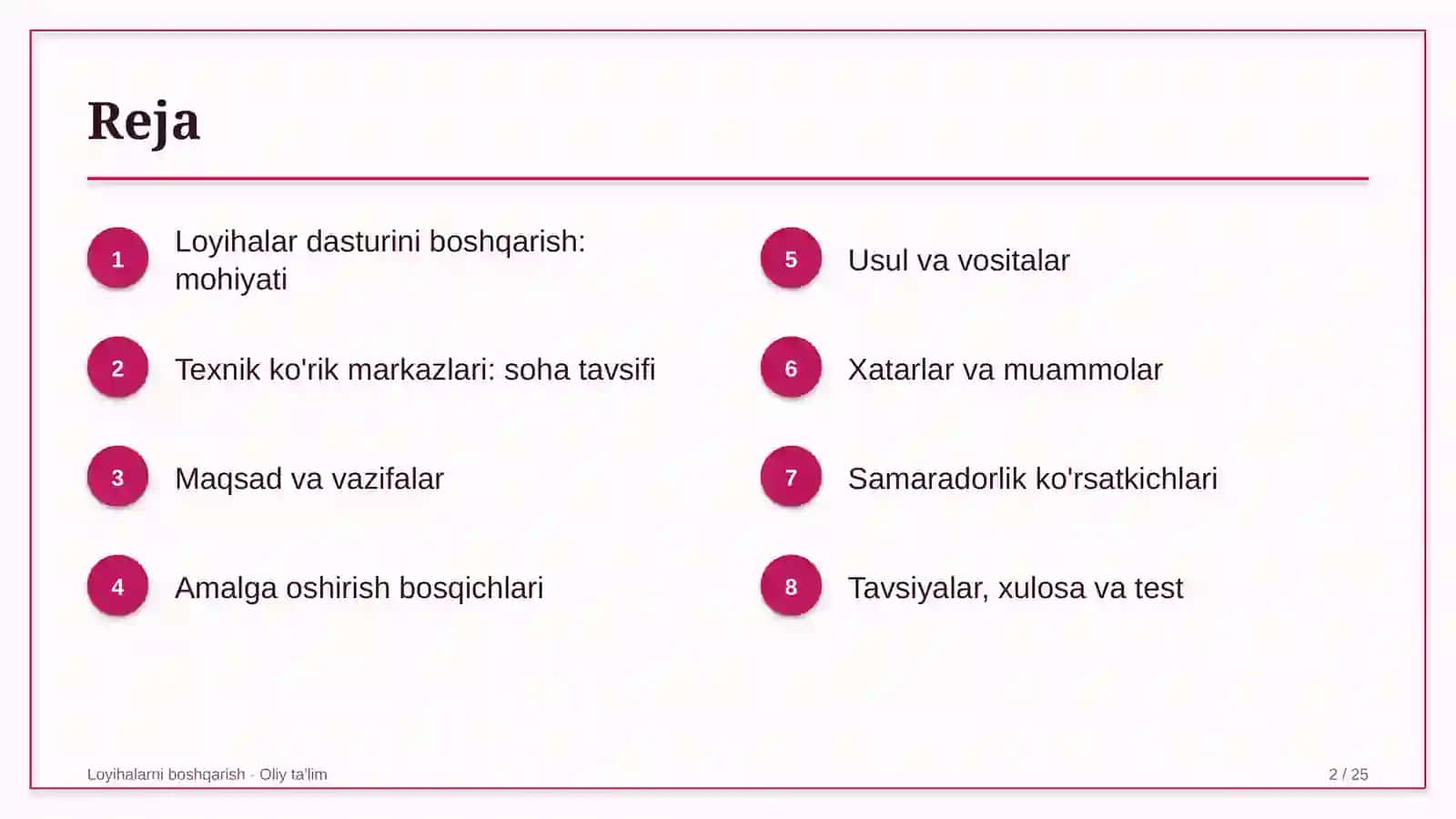 Texnik ko'rik markazlarida loyihalar dasturini boshqarish 2
