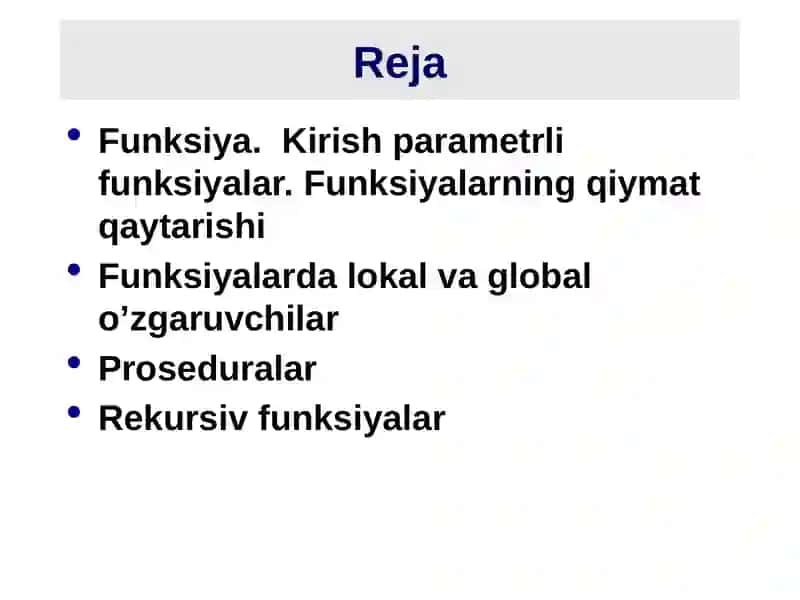 Pythonda tilida funksiya va protseduralar 2