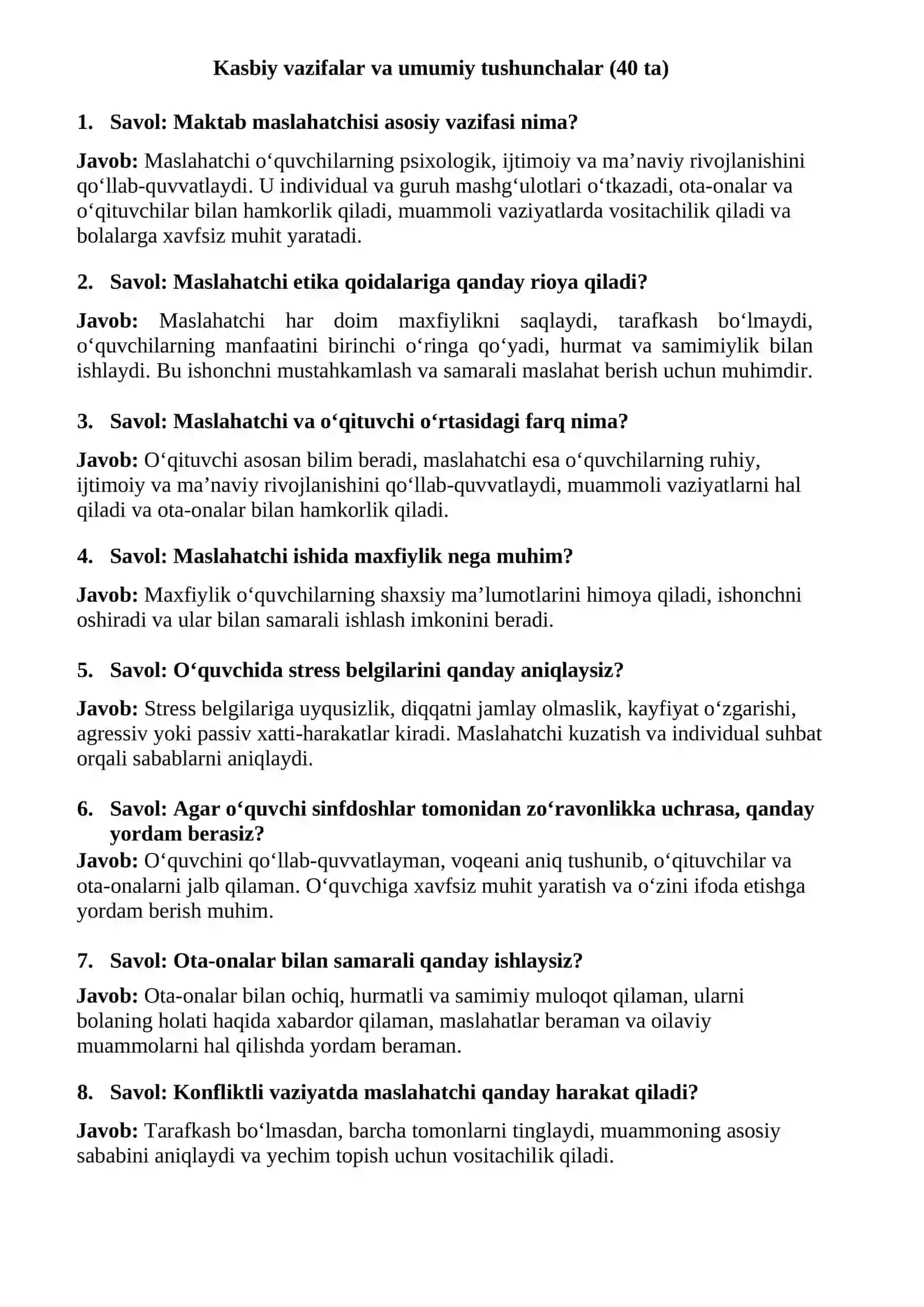 maktab maslahatchisi suhbat uchun savol javob to'plami. 2