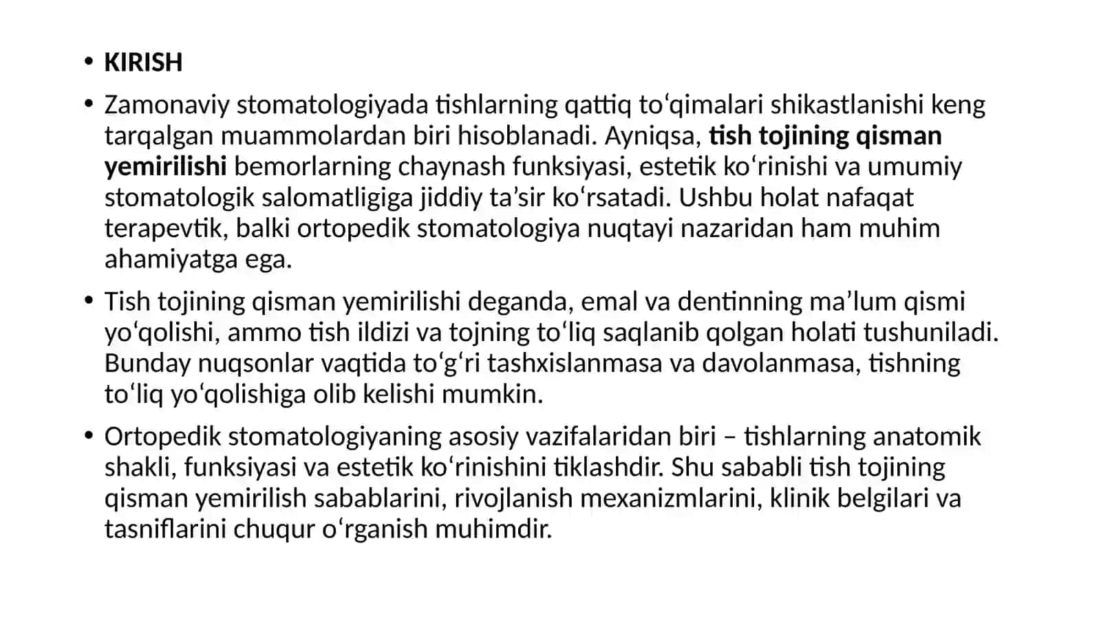 TISH TOJINING QISMAN YEMIRILISHI. QATTIQ TO’QIMALARNING SHIKASTLANISH TASNIFI. ETIOLOGIYASI, POTOGENEZI, KLINIK KO’RINISHI. TISH NUQSONLARINING XALQARO TASNIFI, BO’SHLIQLAR JOYLASHGAN JOYINING HARF BILAN BELGILASH. BLEK BO’YICHA BO’SHLIQLAR TASNIFI. MELIKIVICHGA KO’RA TOYUSHI. TISHLARNING QATTIQ TO’QIMALARI ZARARLANGAN BEMORLARNI TEKSHIRISH USULLARI 2