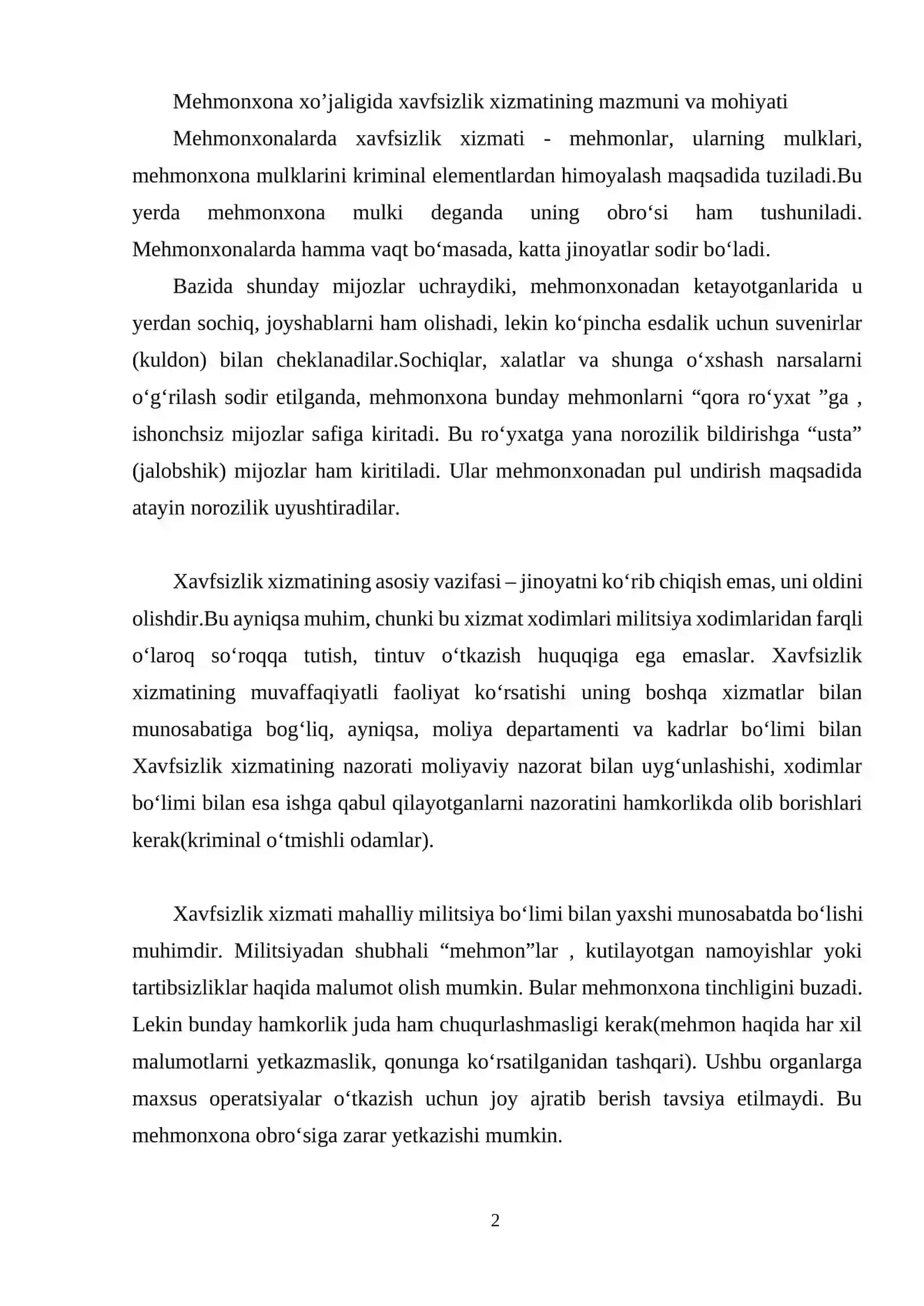 Mehmonxona xo’jaligida xavfsizlik xizmatining mazmuni va mohiyati 2