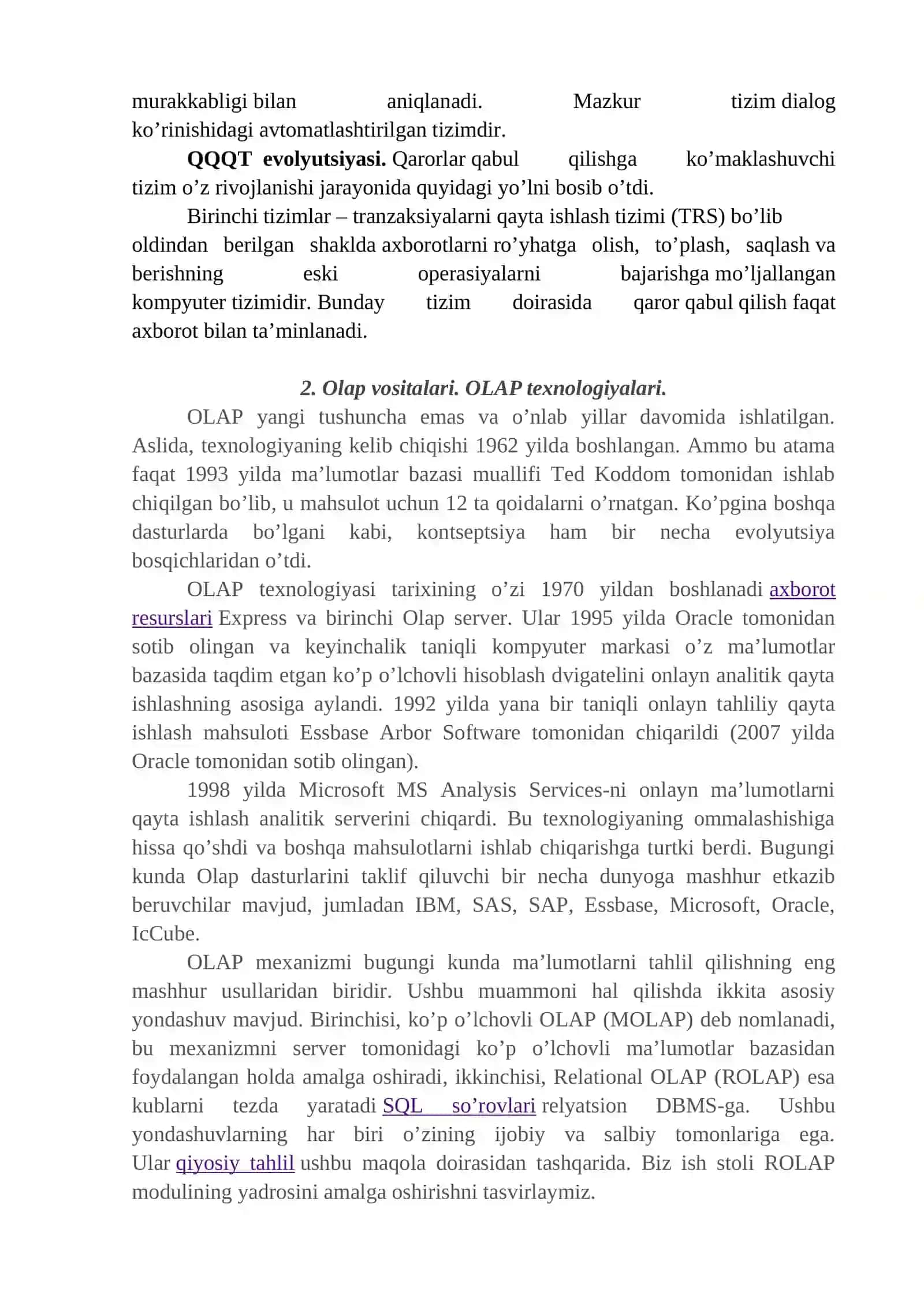 2-Ma’ruza: Qarorni qo’llab – quvvatlash tizimlari. OLTP va OLAP texnologiyalari 2