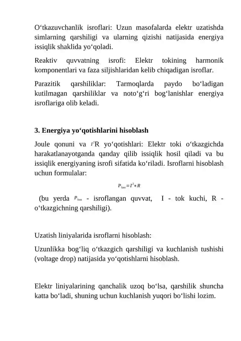 ELEKTR TARMOQLARIDA ELEKTR ENERGIYASI ISROFLARINI HISOBLASH MAVZUSIDA MA'RUZA MASHG'ULOTI. 2