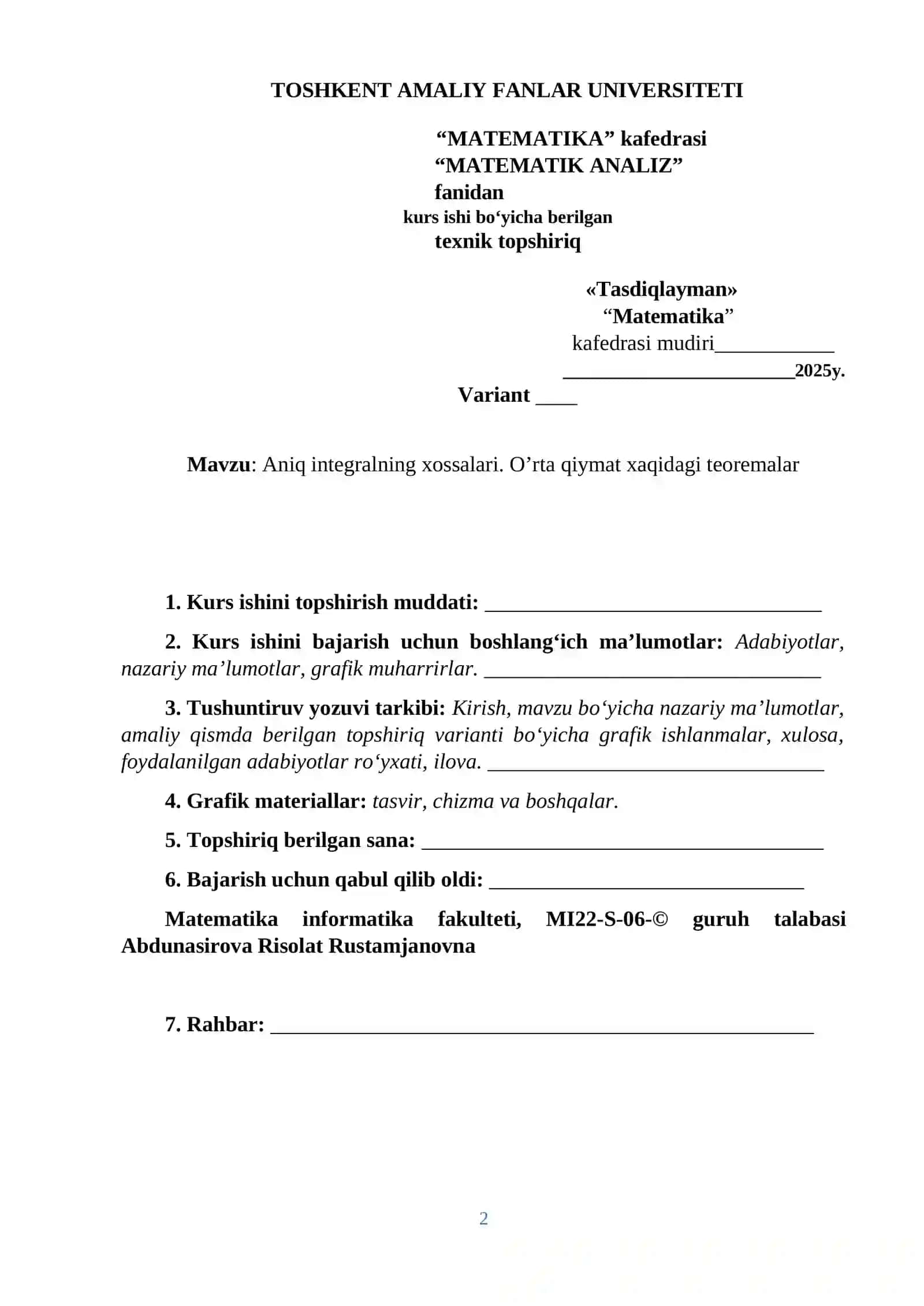 Aniq integralning xossalari. O’rta qiymat xaqidagi teoremalar 2