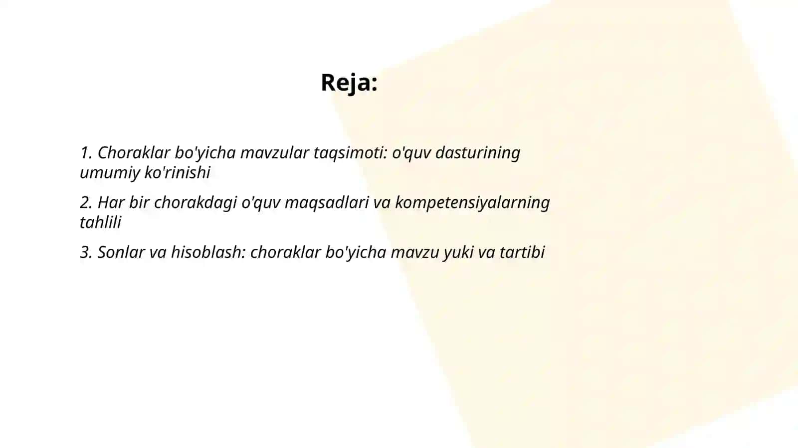 Ikkinchi sinf matematika dasturlari va materiallarning choraklar bo'yicha joylashuvi umumiy tahlili 2