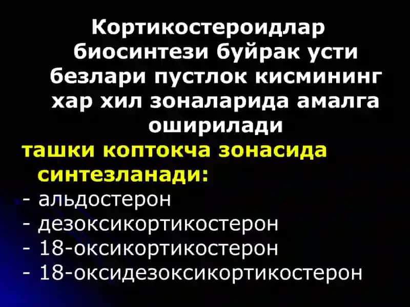 БУЙРАК УСТИ БЕЗЛАРИ, КОРТИКОСТЕРОИДЛАРНИНГ БИОЛОГИК ТАЪСИРИ. БУЙРАК УСТИ БЕЗЛАРИ ПУСТЛОК КИСМИ 2