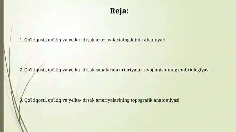 Oʻmrov osti, qoʻltiq va yelka-bilak sohalaridagi arteriyalar rivojlanishi 2