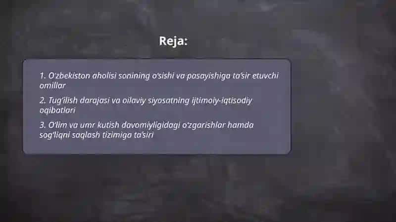 O‘zbekiston Respublikasida demografik o‘zgarishlar va aholi harakatining ijtimoiy-iqtisodiy oqibatlari 2